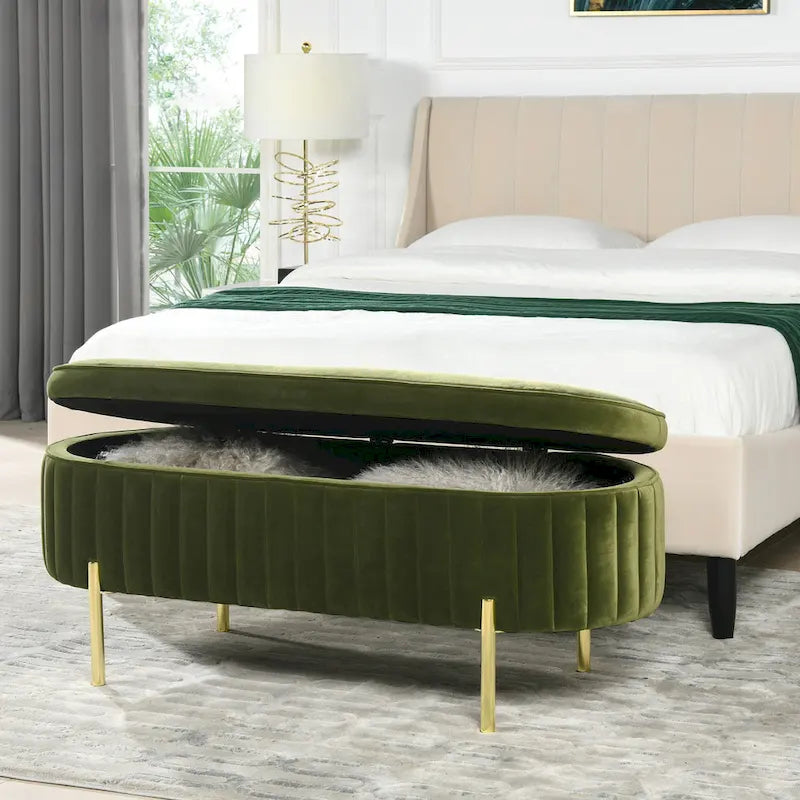 Chloe Modern Glam Performance Velvet Oval Tufted Storage Bench
