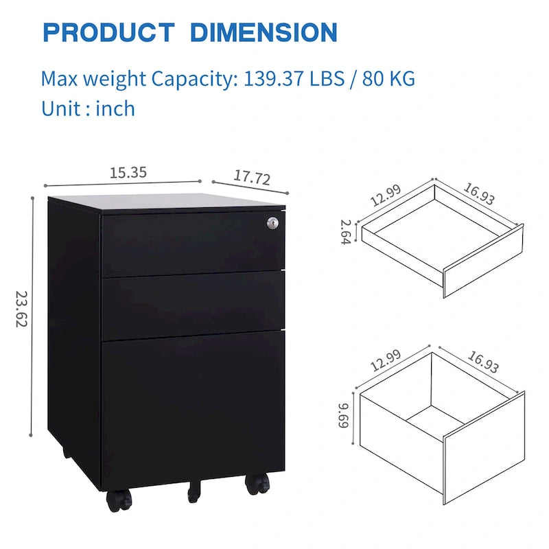 3 Drawer Mobile File Cabinet with Lock Steel File Cabinet(Black)