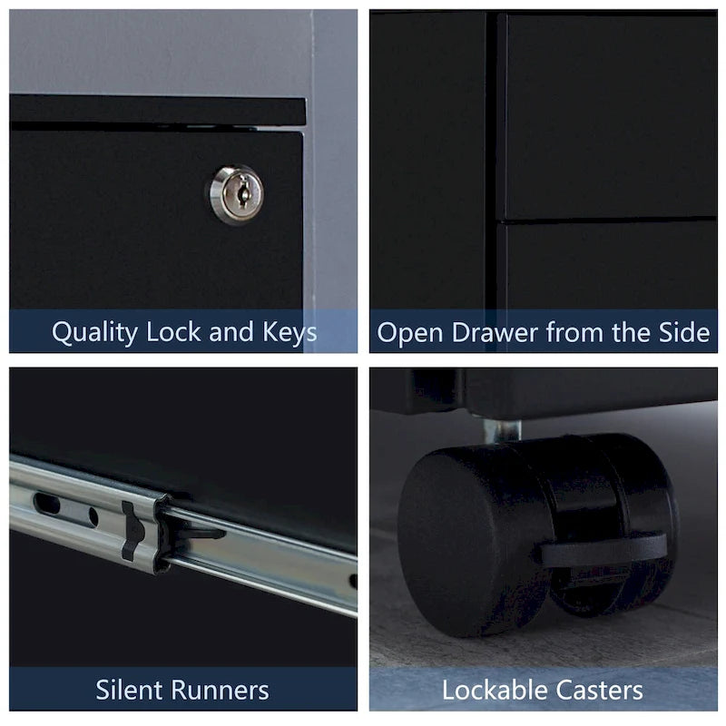 3 Drawer Mobile File Cabinet with Lock Steel File Cabinet(Black)