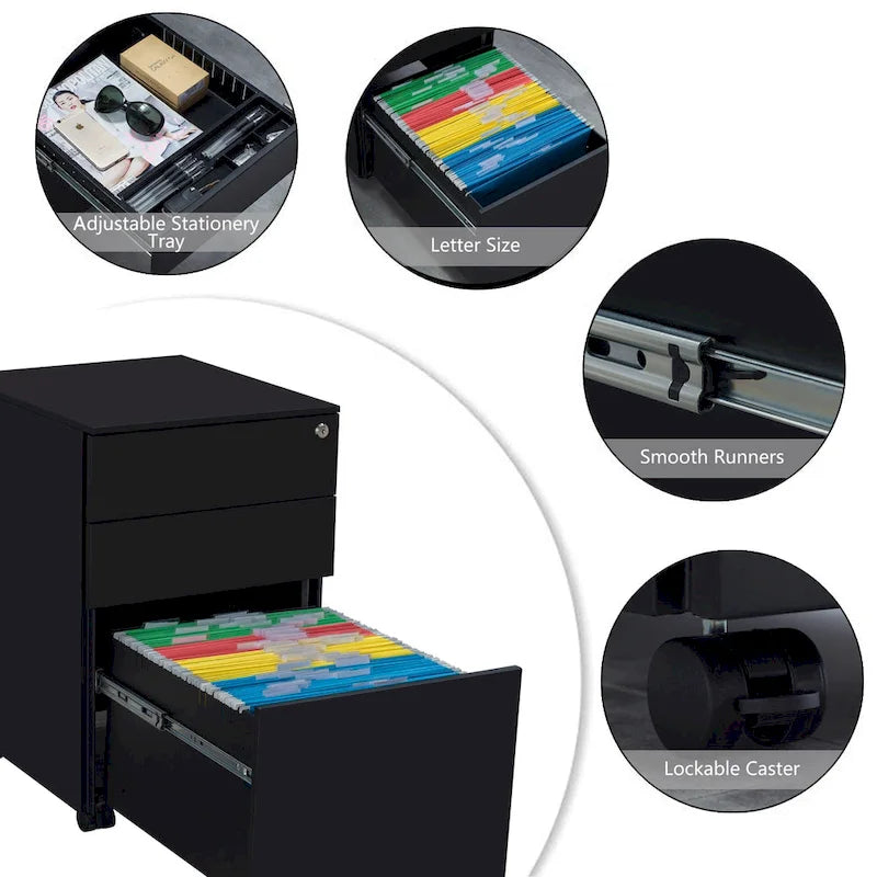 3 Drawer Mobile File Cabinet with Lock Steel File Cabinet(Black)