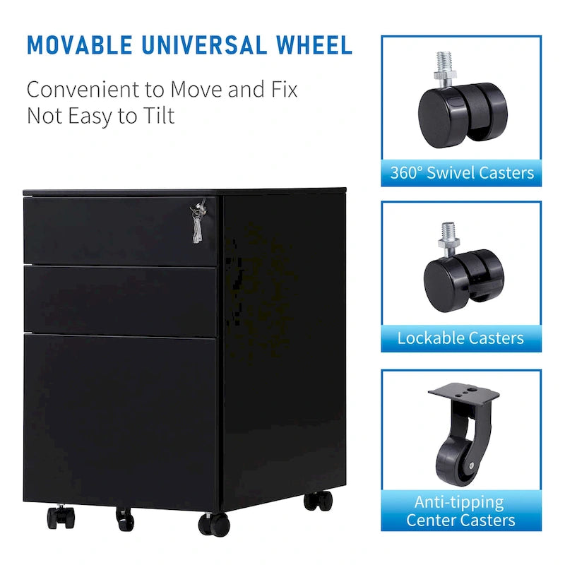 3 Drawer Mobile File Cabinet with Lock Steel File Cabinet(Black)
