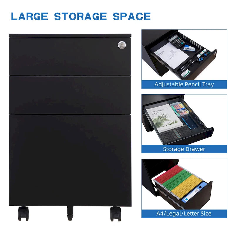 3 Drawer Mobile File Cabinet with Lock Steel File Cabinet(Black)