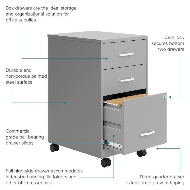 Space Solutions 18 Deep 3 Drawer Mobile Metal Cabinet, Arctic Silver