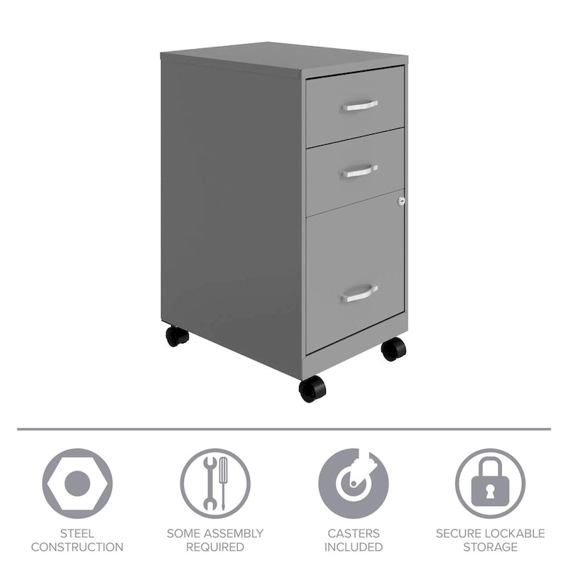 Space Solutions 18 Deep 3 Drawer Mobile Metal Cabinet, Arctic Silver