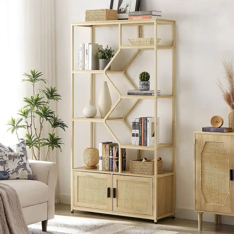 7-Tier Rattan Decor Bookshelf Display Stand with cabinet