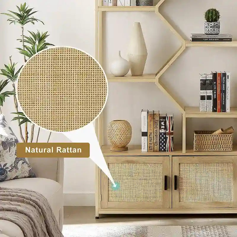 7-Tier Rattan Decor Bookshelf Display Stand with cabinet