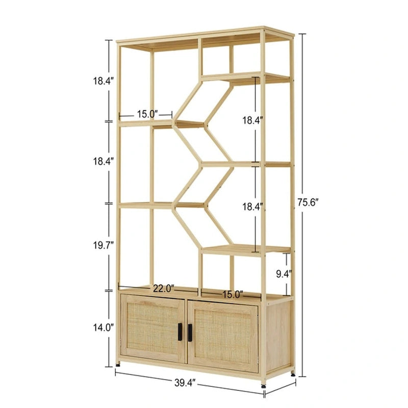 7-Tier Rattan Decor Bookshelf Display Stand with cabinet