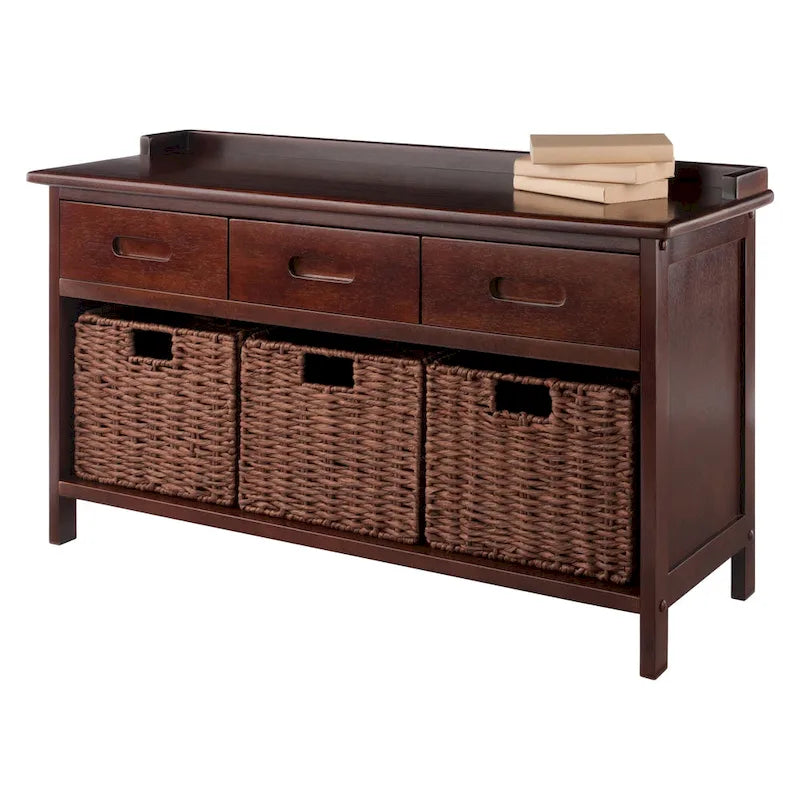 Adriana 4-Pc Storage Bench with 3 Foldable Woven Baskets, Walnut