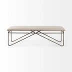Camille Cream Fabric Seat w/ Dark Metal Frame Bench - 55.5W x 16D x 17H