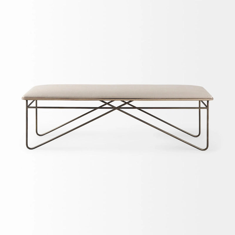 Camille Cream Fabric Seat w/ Dark Metal Frame Bench - 55.5W x 16D x 17H