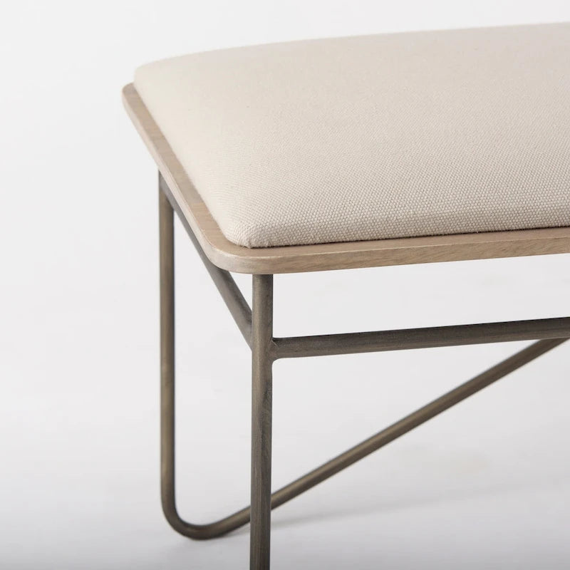 Camille Cream Fabric Seat w/ Dark Metal Frame Bench - 55.5W x 16D x 17H