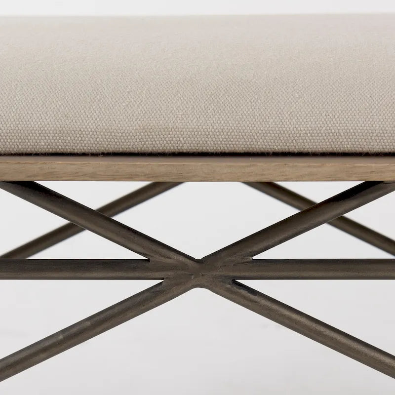 Camille Cream Fabric Seat w/ Dark Metal Frame Bench - 55.5W x 16D x 17H