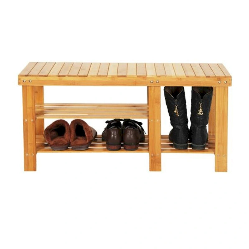 90cm Strip Pattern Tiers Bamboo Stool Shoe Rack with Boots Compartment Wood Color - 35.43 x 11.02 x 17.72