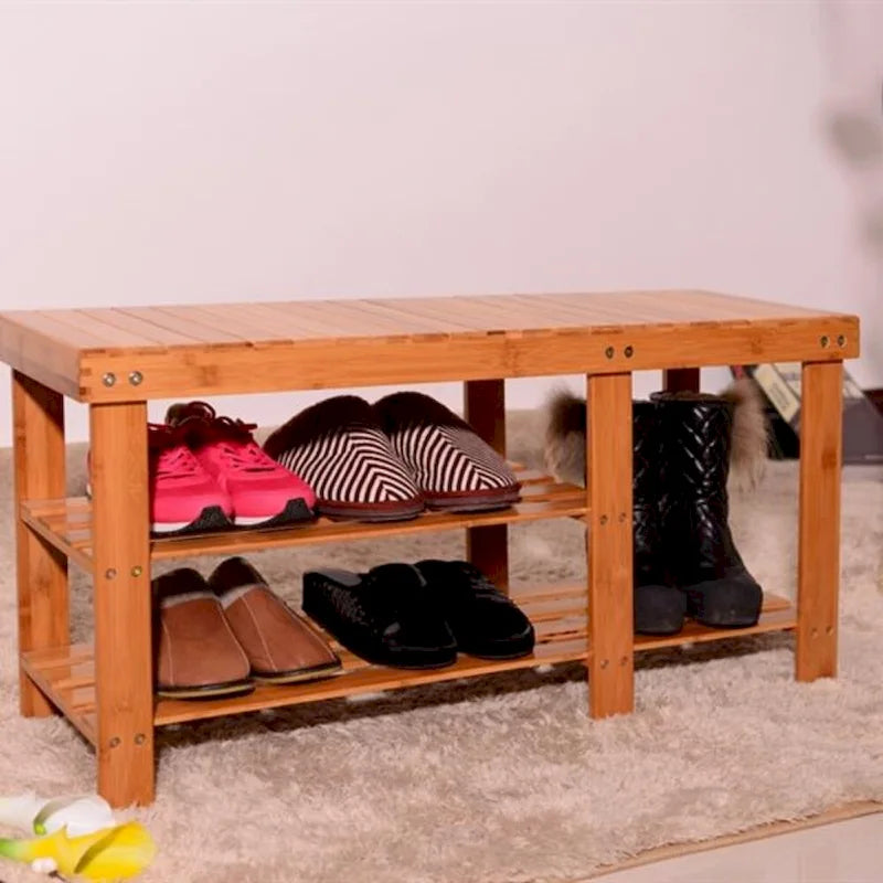 90cm Strip Pattern Tiers Bamboo Stool Shoe Rack with Boots Compartment Wood Color - 35.43 x 11.02 x 17.72