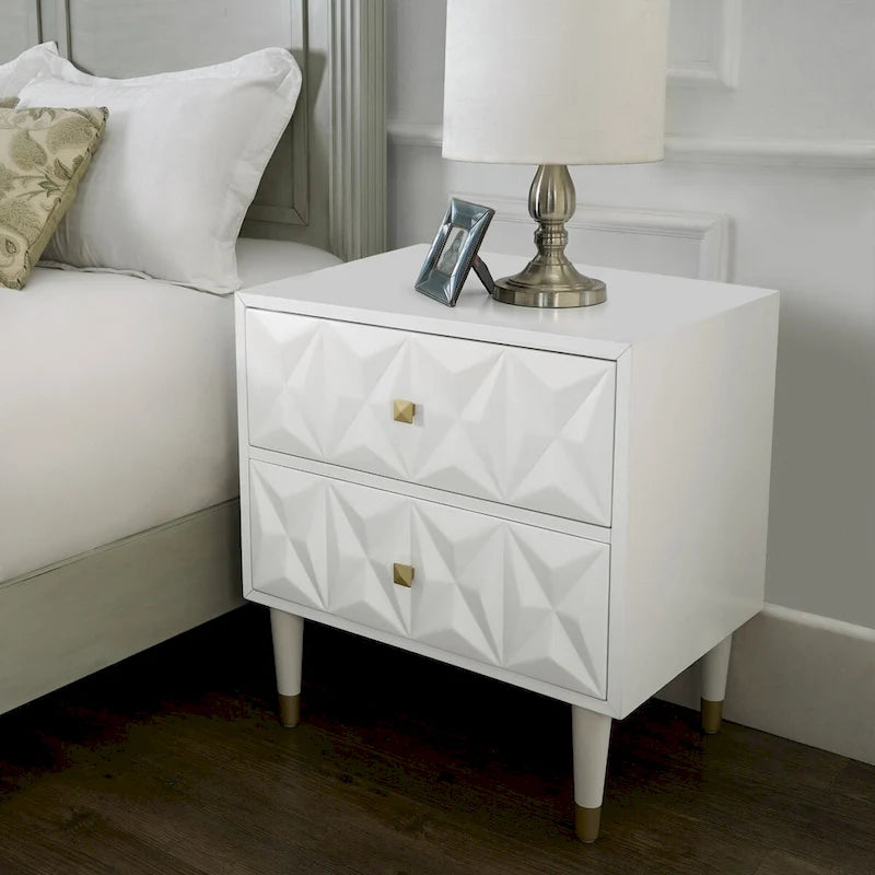 27 White Geometric Patterned Two Drawer Nightstand