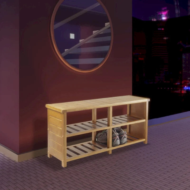 Keystone Bench, 2-Tier Shoe Storage, Teak - 38.43 x 11.81 x 18.27 inches