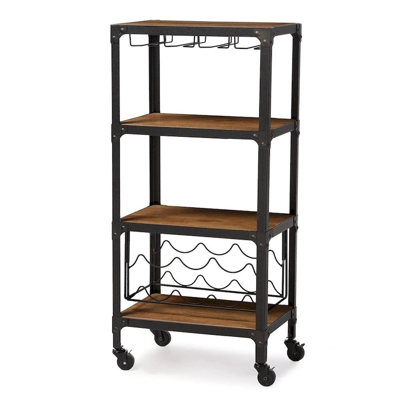 Swanson Rustic Industrial Style Antique Black Textured Finish Metal Distressed Wood Mobile Kitchen Bar Wine Storage Shelf