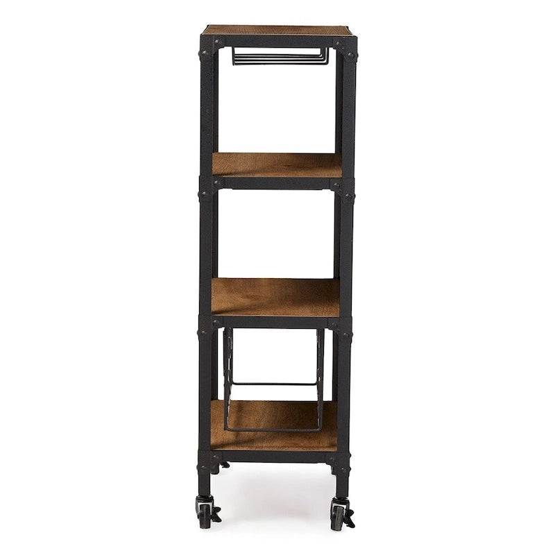 Swanson Rustic Industrial Style Antique Black Textured Finish Metal Distressed Wood Mobile Kitchen Bar Wine Storage Shelf