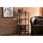 Swanson Rustic Industrial Style Antique Black Textured Finish Metal Distressed Wood Mobile Kitchen Bar Wine Storage Shelf