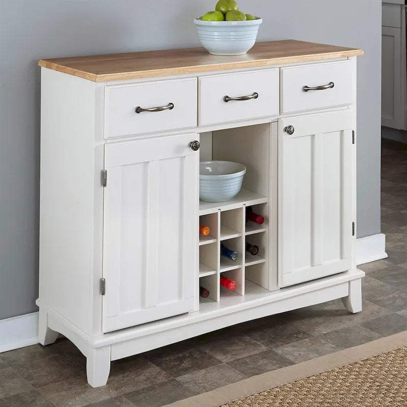 Natural Wood Top Kitchen Island Sideboard Cabinet Wine Rack in White - 41.75W x 17D x 36.25H