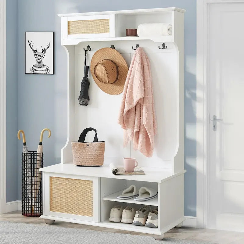 Classic Farmhouse Style Wooden Storage Dresser with Woven Rattan Decorative Cabinet Doors