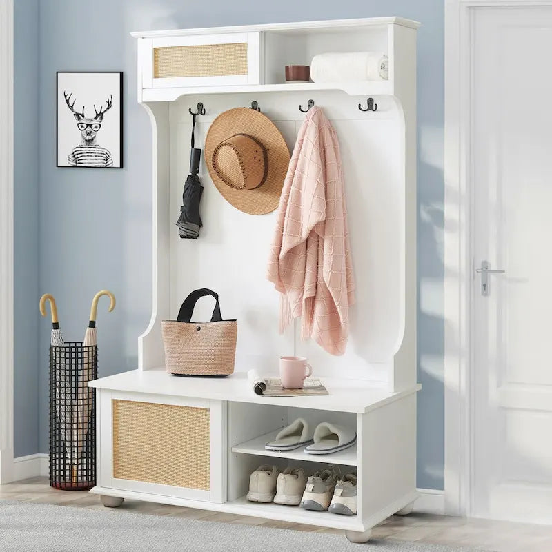 Classic Farmhouse Style Wooden Storage Dresser with Woven Rattan Decorative Cabinet Doors