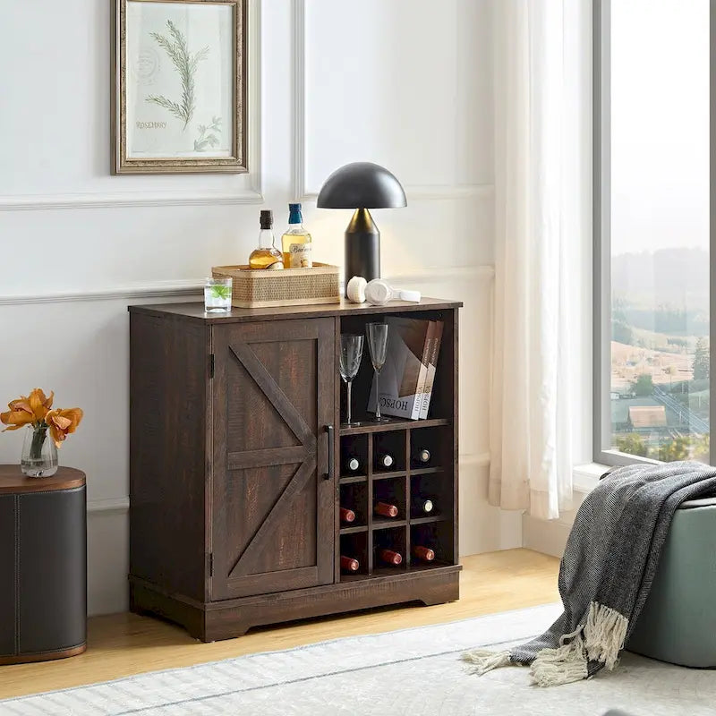 Farmhouse Coffee Bar Cabinet with Wine Rack Barn Door