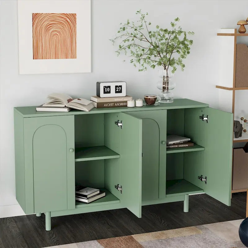 Stylish and Functional 4-Door Intaglio Storage Cabinet with Pine Legs