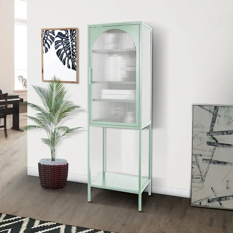 Tempered Glass High Cabinet with Arched Door Adjustable Shelves and Feet Anti-Tip Dust-free Fluted Glass Kitchen Credenza