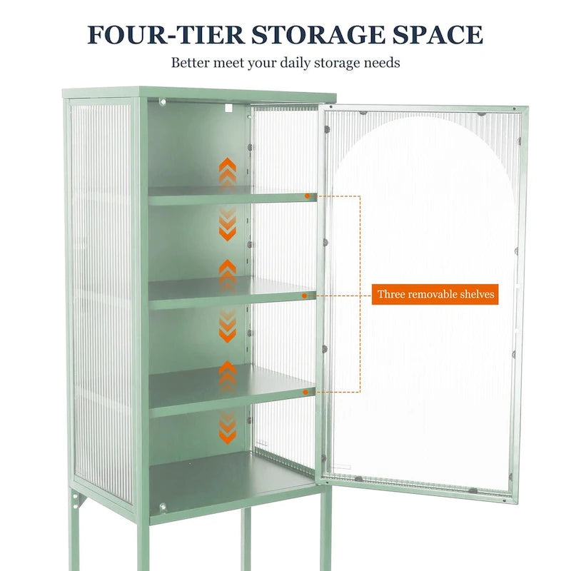 Tempered Glass High Cabinet with Arched Door Adjustable Shelves and Feet Anti-Tip Dust-free Fluted Glass Kitchen Credenza