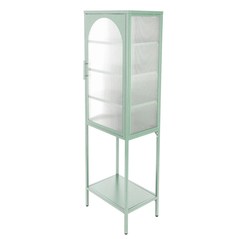 Tempered Glass High Cabinet with Arched Door Adjustable Shelves and Feet Anti-Tip Dust-free Fluted Glass Kitchen Credenza