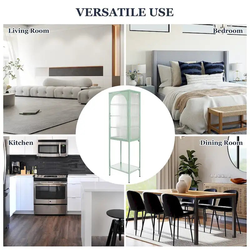 Tempered Glass High Cabinet with Arched Door Adjustable Shelves and Feet Anti-Tip Dust-free Fluted Glass Kitchen Credenza