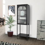Tempered Glass High Cabinet with Arched Door Adjustable Shelves and Feet Anti-Tip Dust-free Fluted Glass Kitchen Credenza