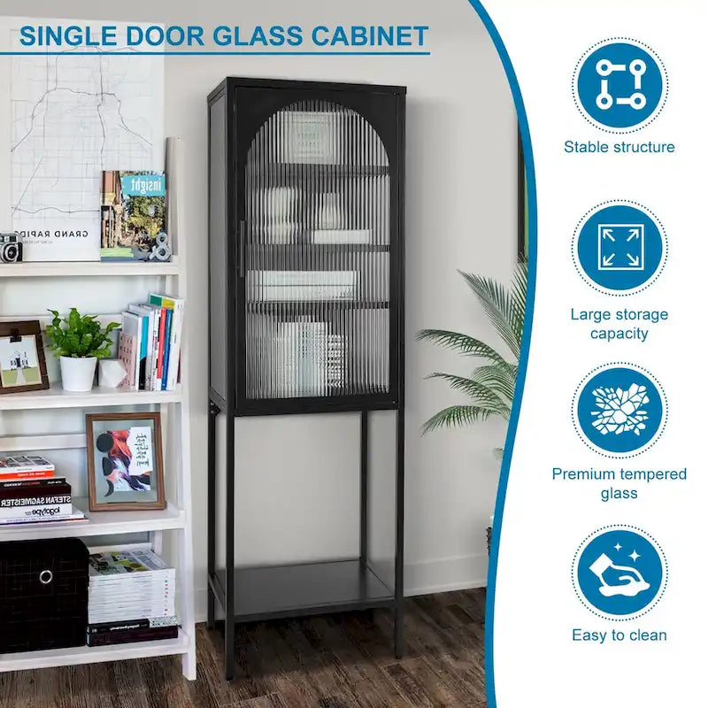 Tempered Glass High Cabinet with Arched Door Adjustable Shelves and Feet Anti-Tip Dust-free Fluted Glass Kitchen Credenza