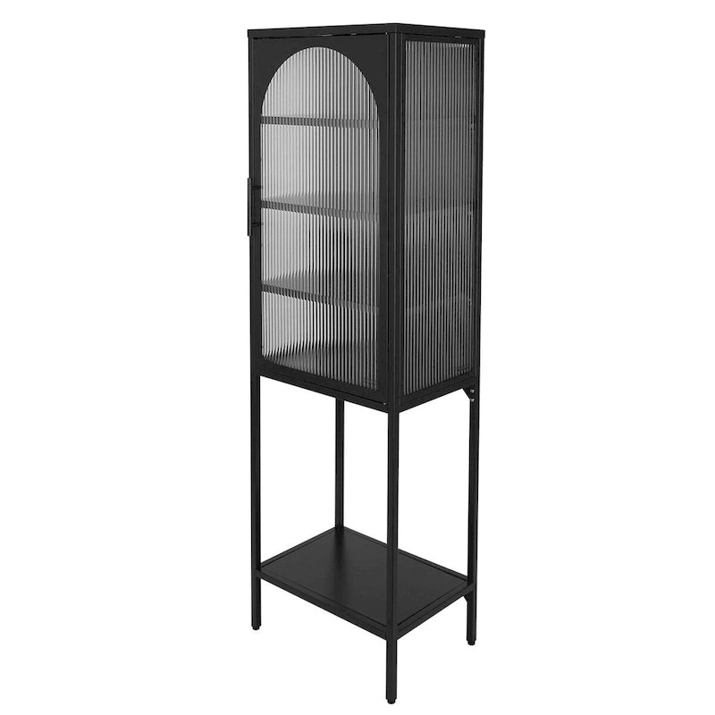 Tempered Glass High Cabinet with Arched Door Adjustable Shelves and Feet Anti-Tip Dust-free Fluted Glass Kitchen Credenza