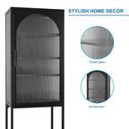 Tempered Glass High Cabinet with Arched Door Adjustable Shelves and Feet Anti-Tip Dust-free Fluted Glass Kitchen Credenza