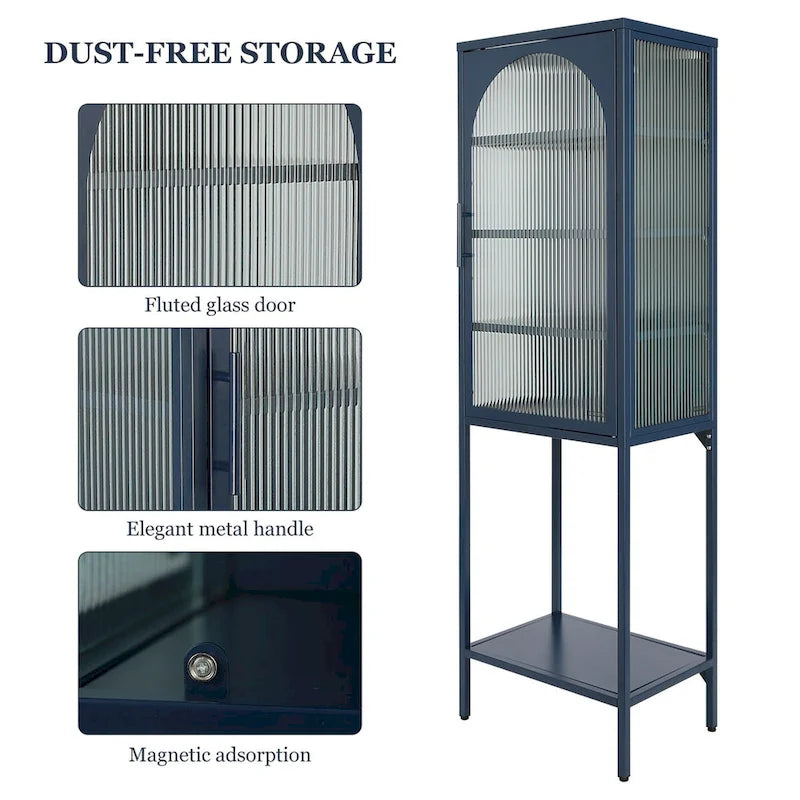 Tempered Glass High Cabinet with Arched Door Adjustable Shelves and Feet Anti-Tip Dust-free Fluted Glass Kitchen Credenza