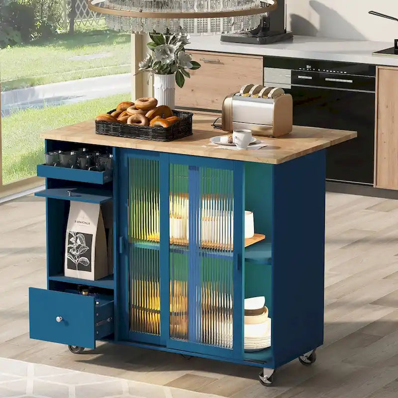 Kitchen Island with Drop Leaf, LED Light Kitchen Cart on Wheels