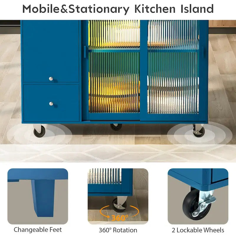 Kitchen Island with Drop Leaf, LED Light Kitchen Cart on Wheels