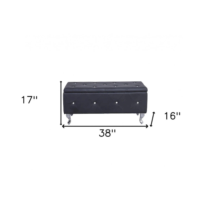 HomeRoots 38 Black and Silver Faux Leather Storage Bench With Flip Top - 38