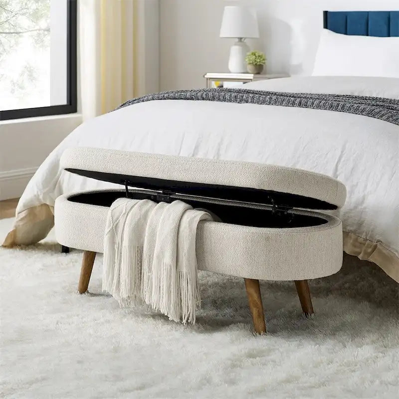 Bed Stool Oval Storage Bench, Rubber Wood Legs - Beige