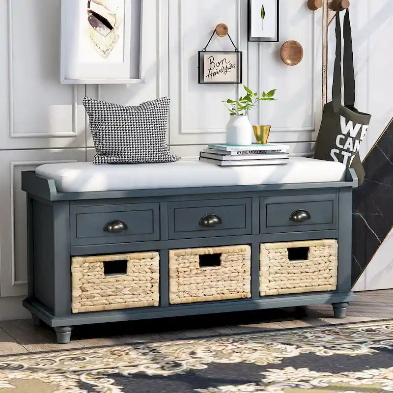 Rustic Storage Shoes Bench with 3 Drawers and 3 Rattan Baskets