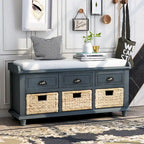 Rustic Storage Shoes Bench with 3 Drawers and 3 Rattan Baskets