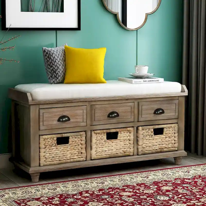 Rustic Storage Shoes Bench with 3 Drawers and 3 Rattan Baskets