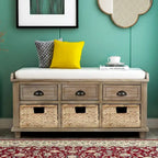 Rustic Storage Shoes Bench with 3 Drawers and 3 Rattan Baskets