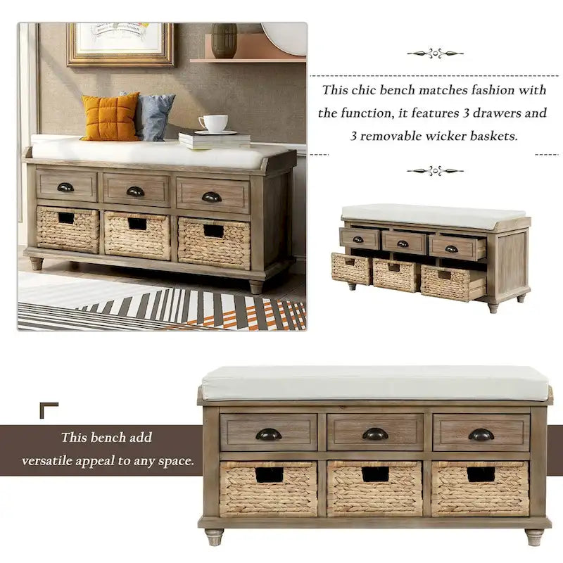 Rustic Storage Shoes Bench with 3 Drawers and 3 Rattan Baskets