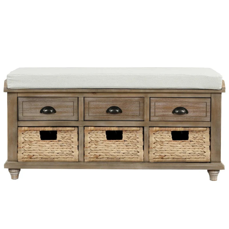 Rustic Storage Shoes Bench with 3 Drawers and 3 Rattan Baskets