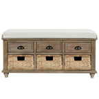 Rustic Storage Shoes Bench with 3 Drawers and 3 Rattan Baskets