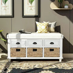 Rustic Storage Shoes Bench with 3 Drawers and 3 Rattan Baskets