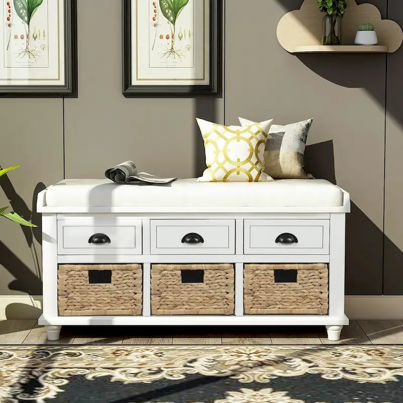 Rustic Storage Shoes Bench with 3 Drawers and 3 Rattan Baskets